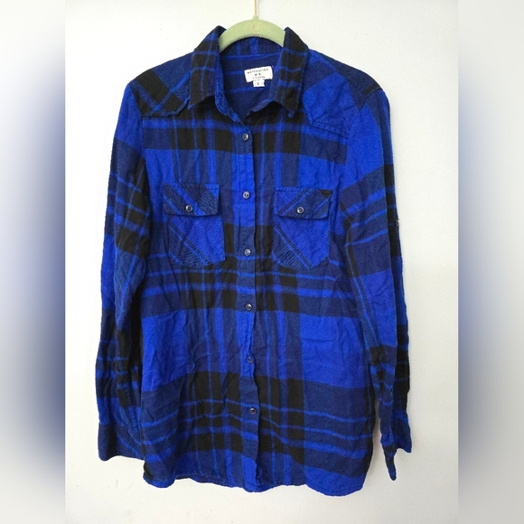 Matchstick Flannel Shirt Blue Plaid Roll Tab Sides Soft Womens Small - Picture 1 of 11